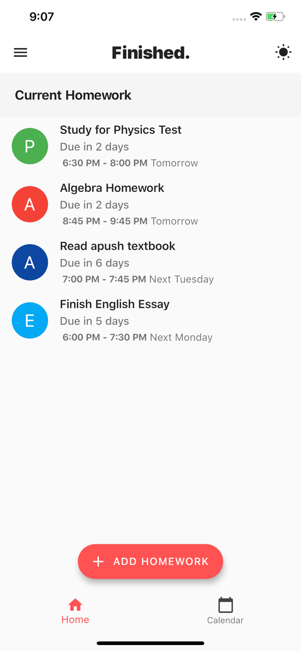 the dashboard page for viewing homework