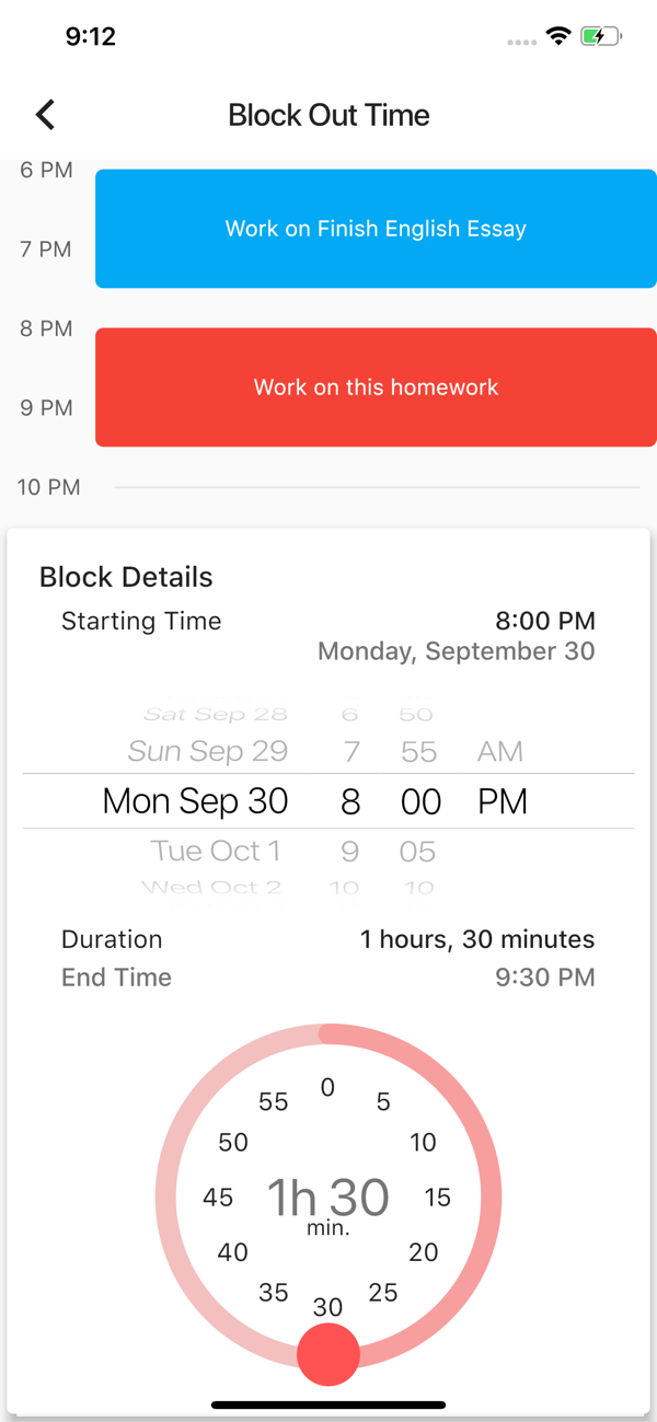 the complex time picker for committing to when to complete the homework