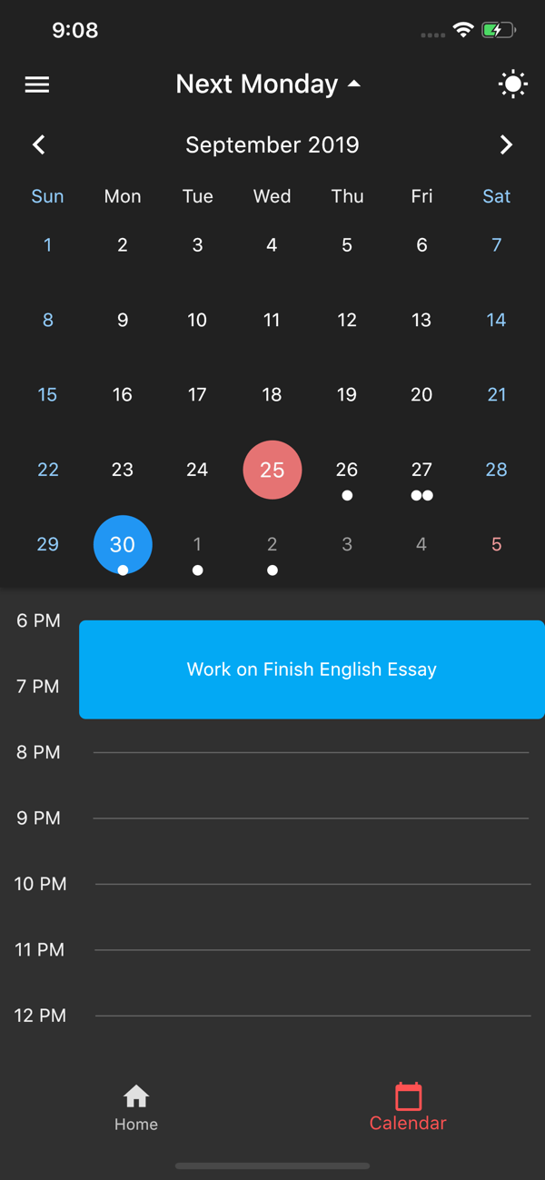 viewing homework on the calendar in dark mode