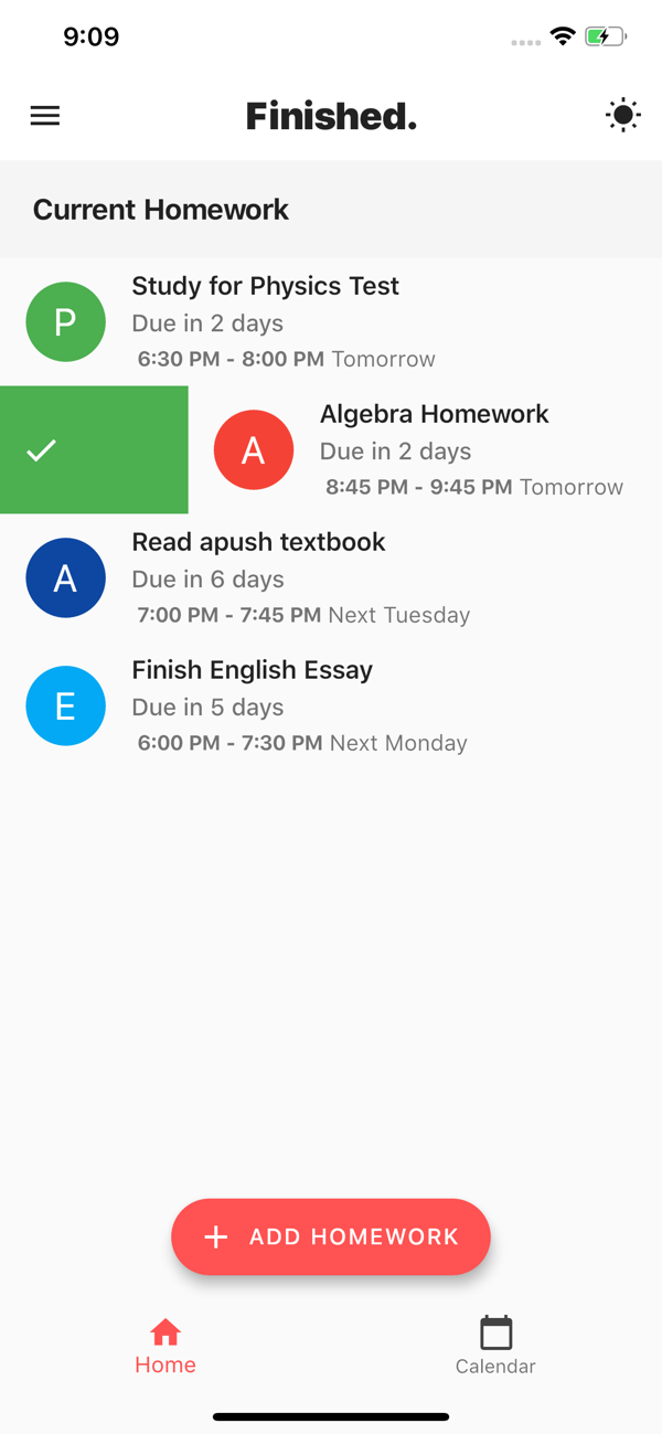 swipe to mark homework items as complete